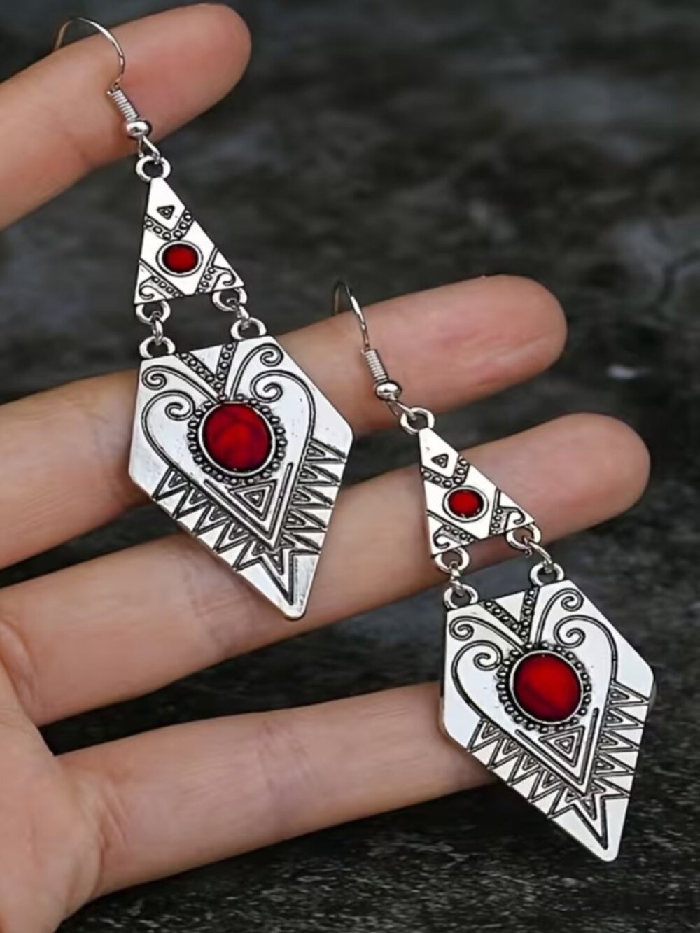 NWT Boho Tribal Red Stone Geometric Dangle Earrings